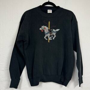 Vintage Grey Carousel Horse Embroidered Sweatshirt Womens L 90s Holiday Grandma